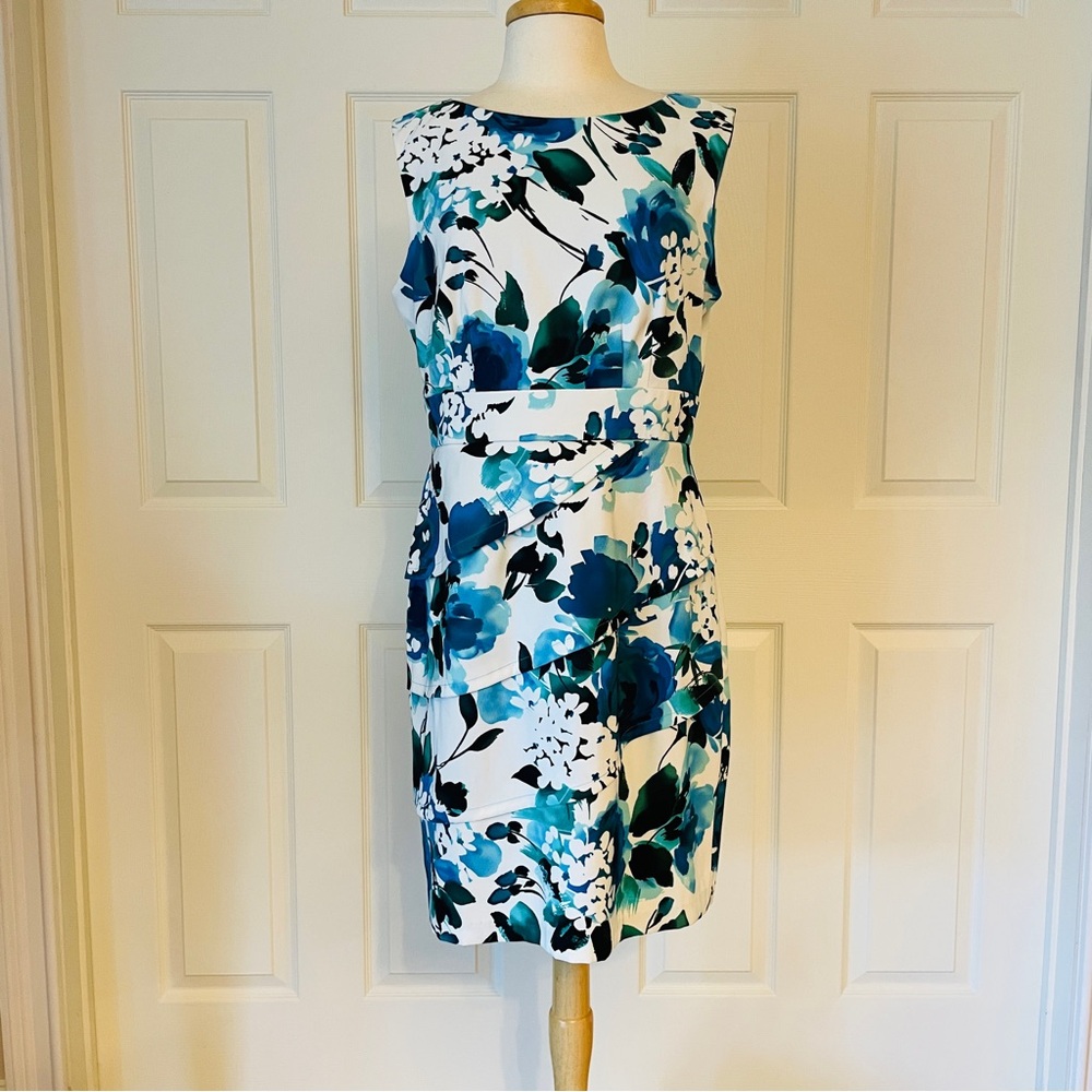 NWOT Dressbarn (size 14) Blue Sheath Midi Dress Sleeveless Crew Neck